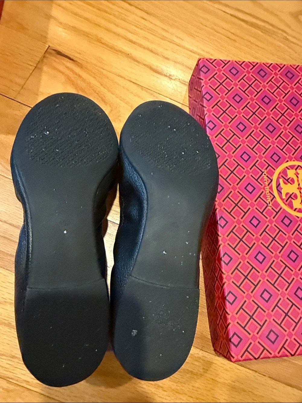 Tory Burch Black Leather Logo Ballet Flats